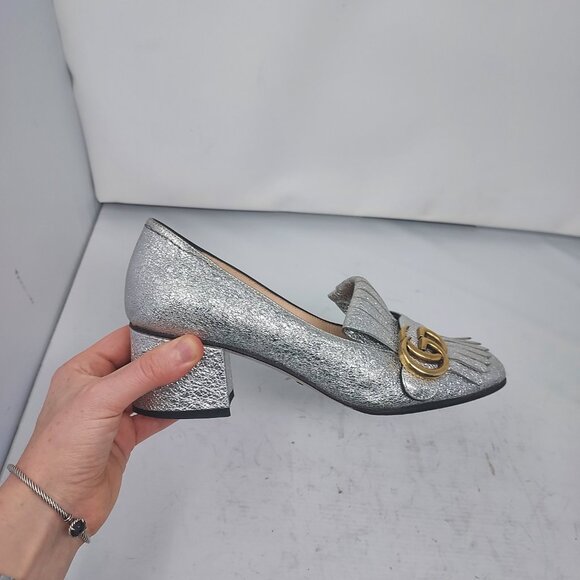 Gucci Marmont Silver Metallic GG Heel Loafer Pump - Picture 8 of 13